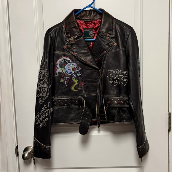 Ed Hardy Jackets & Blazers - Ed Hardy Black Leather VINTAGE Embroidered Studded Biker Jacket